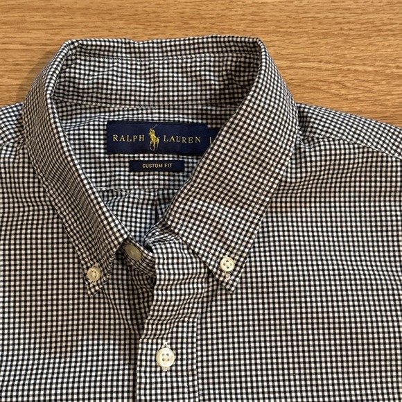 RALPH LAUREN Shirt Men's Black Large Custom Fit Lightweight Gingham Check Preppy - Picture 2 of 7